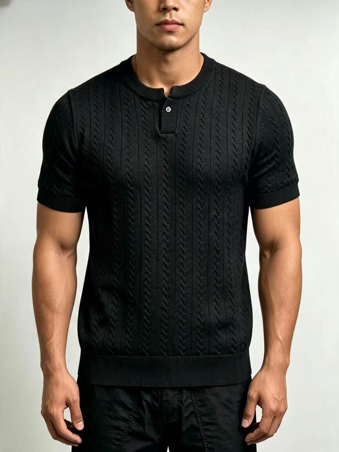 Wore & Glow cable-knit henley polo, close detail