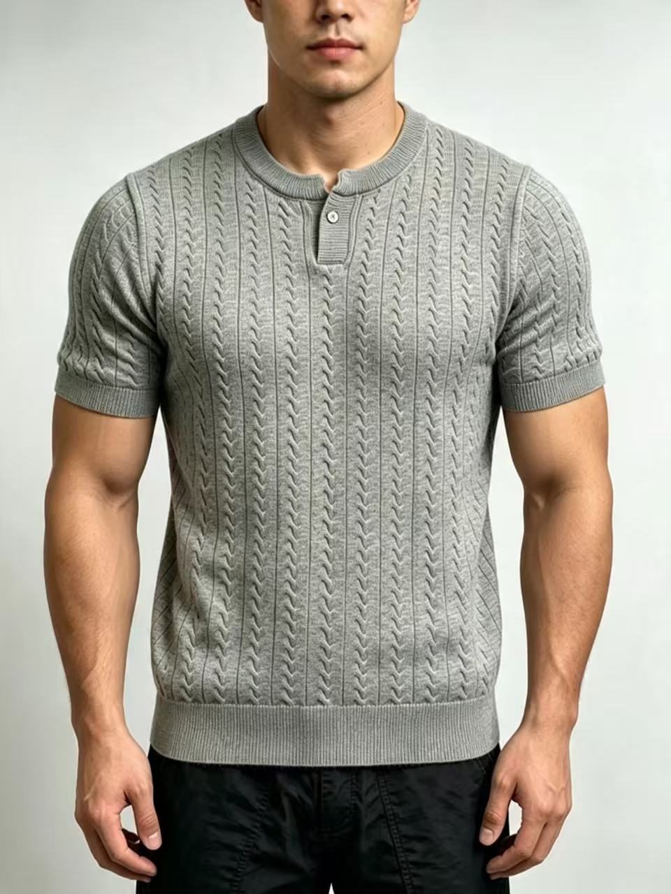 Cable-Knit Henley Polo in Stone