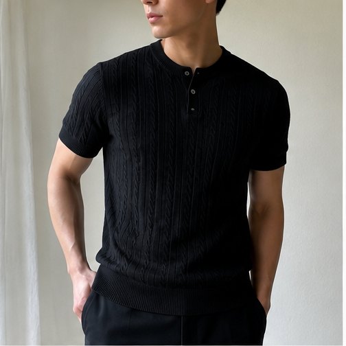 Wore & Glow cable-knit henley polo in Ink black